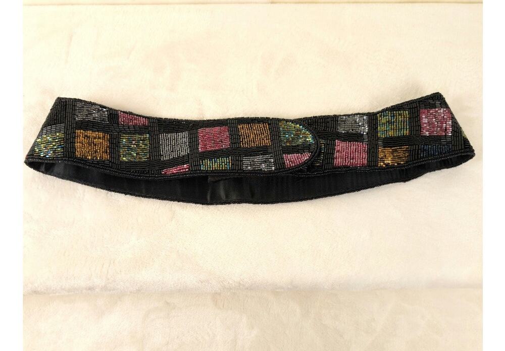 Vintage La Regale fully hand beaded silk belt Size L 80s Glam Retro Colorful